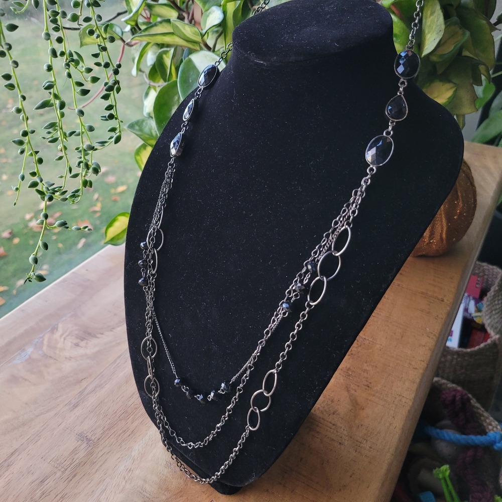 Layered Black Gemstone Chain Necklace Gunmetal Tone Statement Fashion‎ Jewelry
